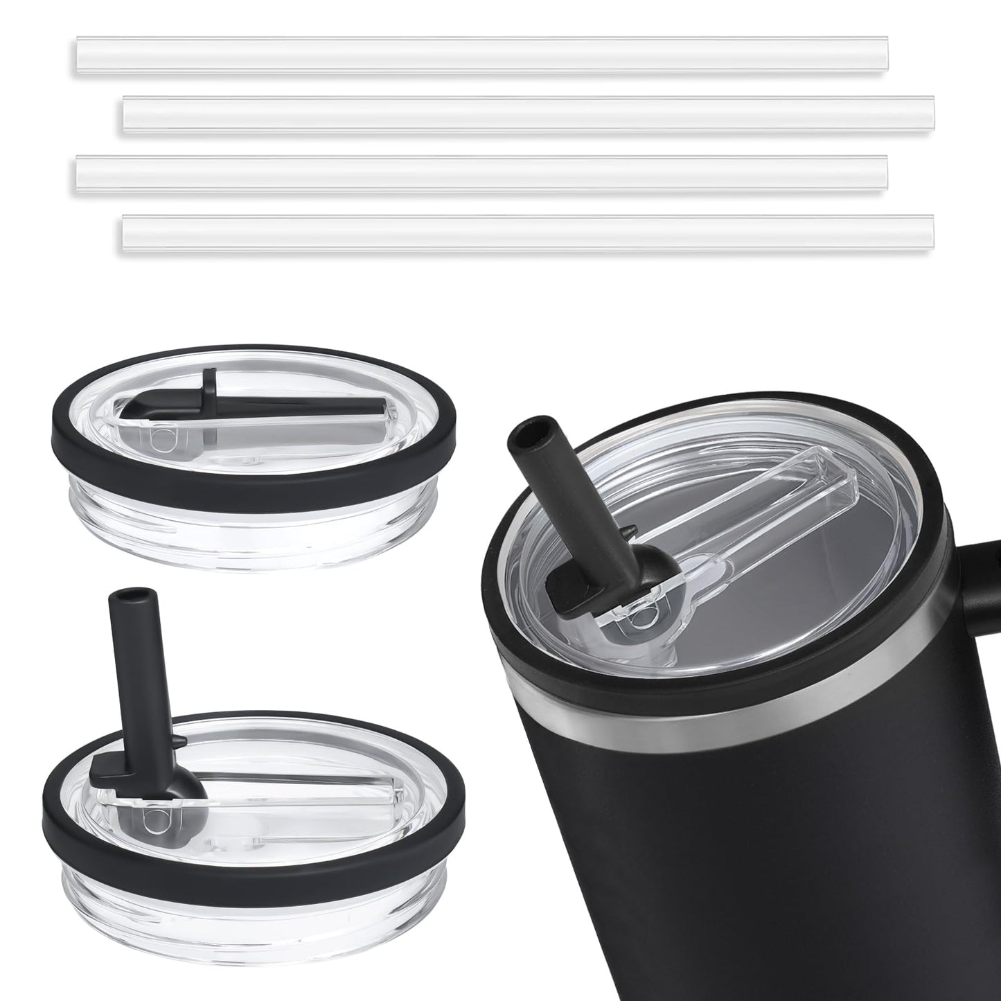 40oz Flip Straw Leak Proof Lid for Stanley H2.0 Quencher, 2 Pack Tumbler Lid Replacement, No Spill Proof Straw Cover for Stanley Cup Accessories (Black)