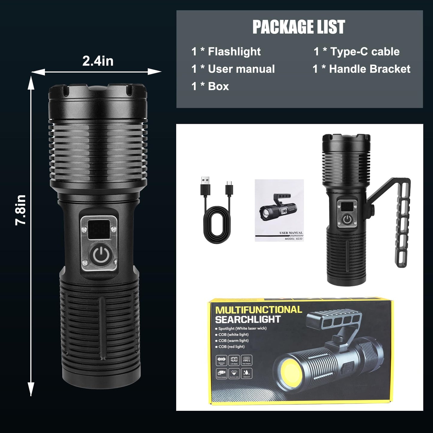 Flashlights High Lumens, Rechargeable Flashlights with Cob Taillight, 2500 Lumens Super Bright Flashlight, Flash Light with 11 Modes for Camping Emergencies Outdoors