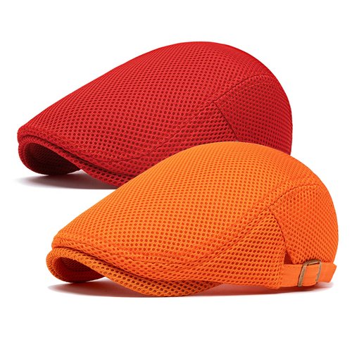 meioro Mens Breathable Mesh Summer Hat Adjustable Flat Cap Newsboy Beret Ivy Cap Irish Cabbie Fishing Hats（Orange+Red）
