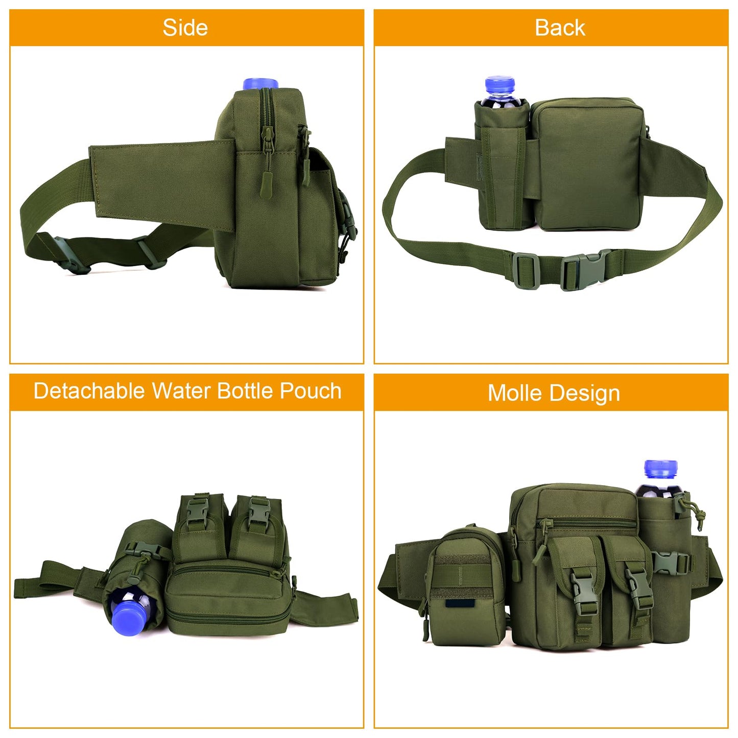 Huntvp Tactical Waist Pack Pouch With Water Bottle Pocket Holder WR Molle Fanny Hip Belt Bag (Army Green)
