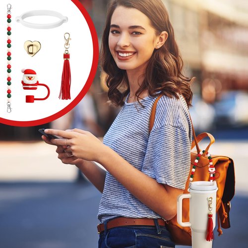 Skylety 5 Pcs Silicone Accessories Set for 8-40 oz Tumbler - Includes Silicone Beaded Bottle Strap, Leather Tassel Charm, Straw Cover, Rubber Cup Ring (Red, Green, Christmas)
