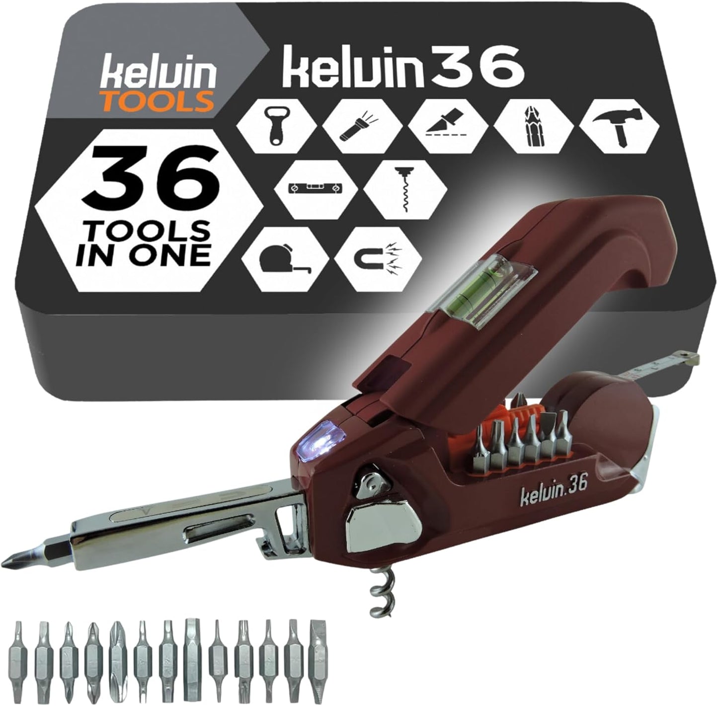 Kelvin Tools K-36 Multi-Tool Set, 36 Integrated Tools, 26 Bit Screwdriver Set, Tape Measure, Corkscrew (Black)