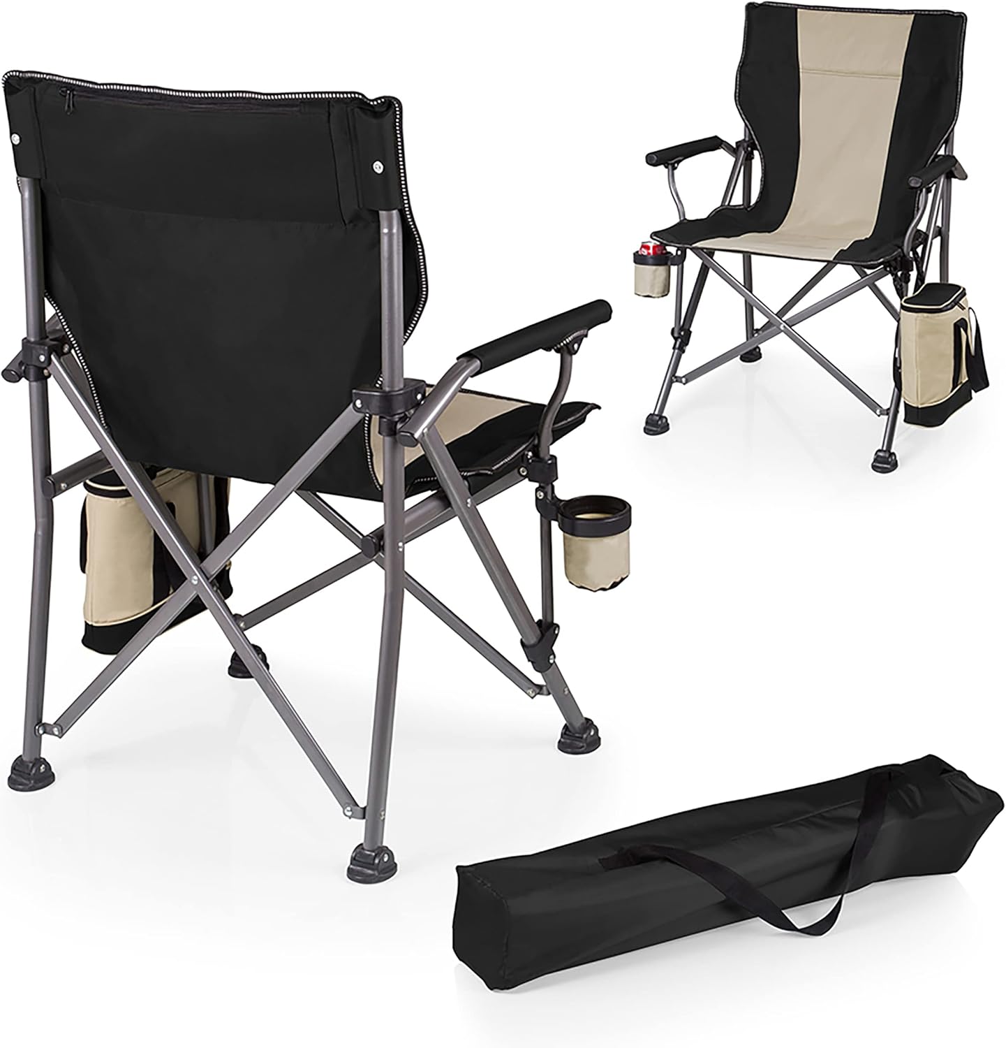 PICNIC TIME Outlander XL Heavy Duty Folding Camping Chair with Insulated Cooler, Oversized Portable Lawn, Beach & Camp Chair with Cup Holder, Storage Pocket, Carry Bag, 400 lb Capacity (Black)