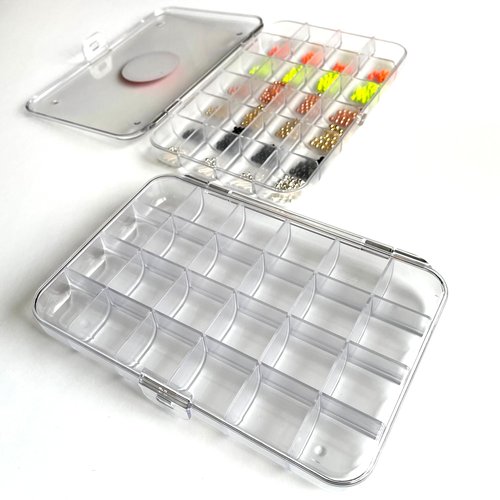 Mavrk Fly Fishing Pro Box 24, 24-Slot Fly Tying Hook and Bead Organizer, Strong Clear Plastic Storage Container for Crafts and Small Parts, Rounded Bottom Corners, Secure Closure Clasp Craft Storage.