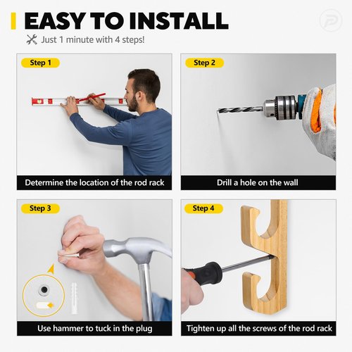 PLUSINNO WH5 Horizontal Fishing Rod/Pole Holders for Garage, Wall or Ceiling Mounted Rack, Solid Wood Fishing Rod Holder Holds up to 5/10/20 Rods or Combos Fishing Gear, Gifts for Men