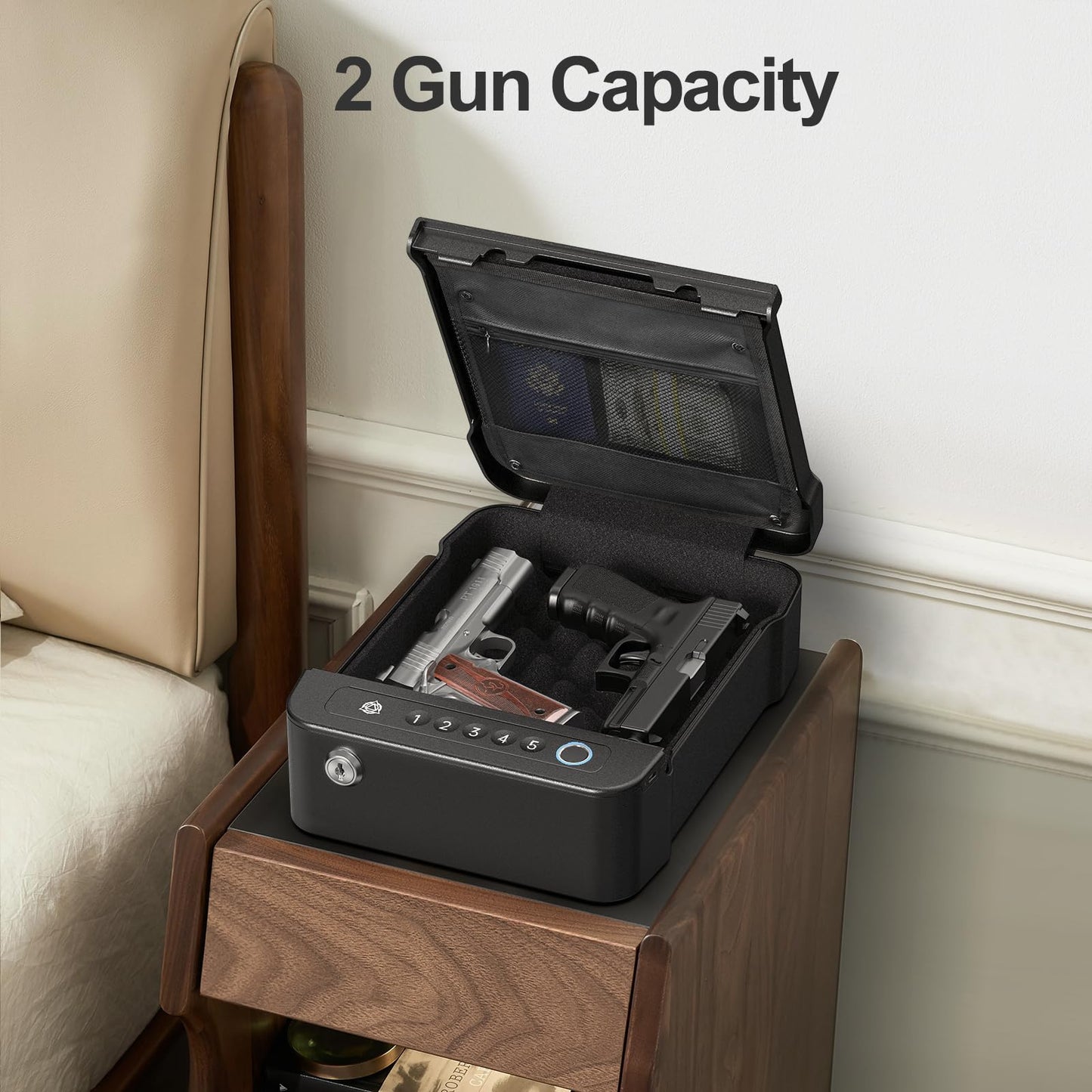 AINIRO Gun Safe for Handgun, Small Biometric Gun Safe with Built-in Handle Gun Lock Box for Pistols with Fingerprint, Keypad and Key Unlock Pistol Safe for Home, Car, Truck, Bedside Nightstand