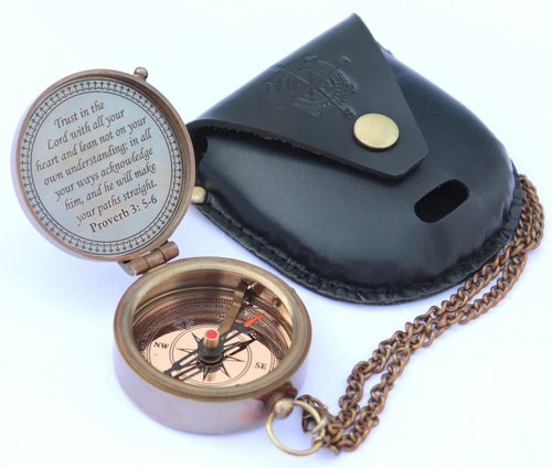 MADSNIIB Brass Engraved Compass, Nautical Compass with Leather Case, Antique Gift for Birthday, Wedding, Anniversary, Christmas, Valentine, Portable Compass for Hiking (Trust in The Lord)
