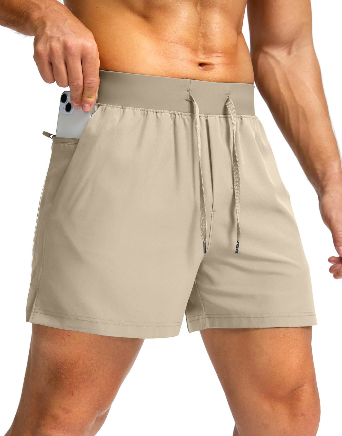 Soothfeel Men's Running Shorts with Zipper Pockets 9"/ 7"/ 5" Lightweight Quick Dry Basketball Gym Workout Athletic Shorts for Men (Khaki, S)