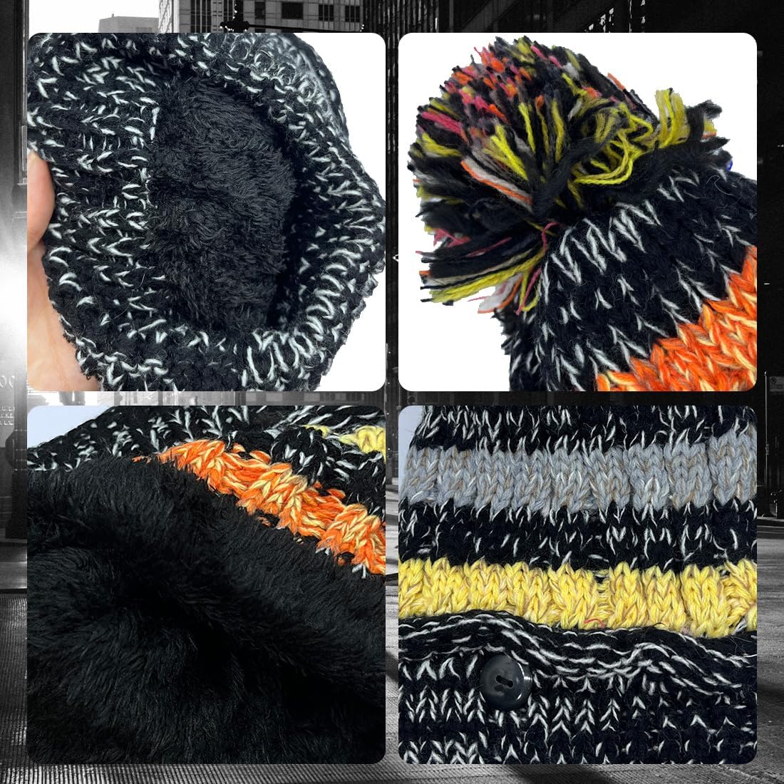 Ypser Women's Winter Warm Knitted Crochet Hat Fleece Lined Cable Faux Fur Pom Pom Beanie Hat Skull Cap