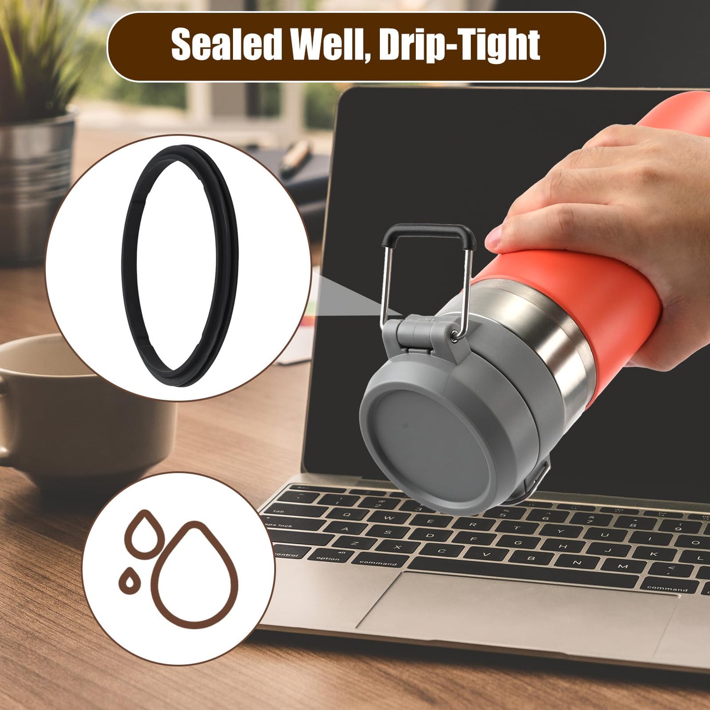 6pcs Water Bottle Lid Gasket, Silicone Water Bottle Seal Ring Replacement Glass Cup Gasket for 24oz 36oz Water Bottle Replacement Compatible with Stanley Quick FLIP GO (Black)