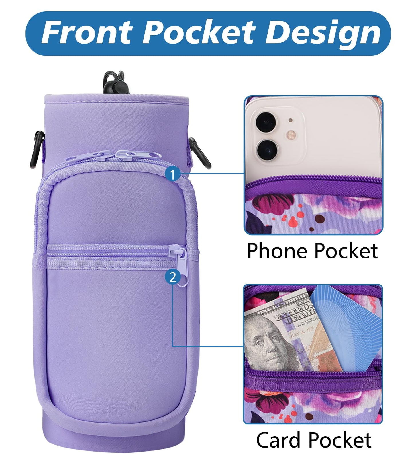 AceTreker 32 oz 40 oz Water Bottle Sling with 2 Pockets, Neoprene Water Bottle Holder with Strap, Sport Bottle Sleeve for Traveling, Walking, Camping-Purple