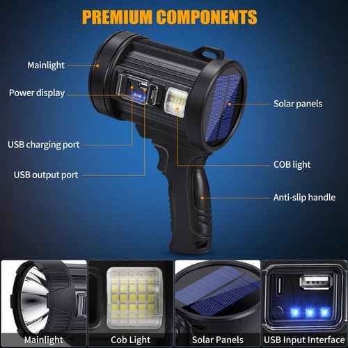 Rechargeable Spotlight, 99000 Lumens Bright LED Spotlight Flashlight, Long Running Spot Light Searchlight, Outdoor Handheld Spotlights with Solar Panels for Hunting,Camping,Boat,6 Spotlight Modes