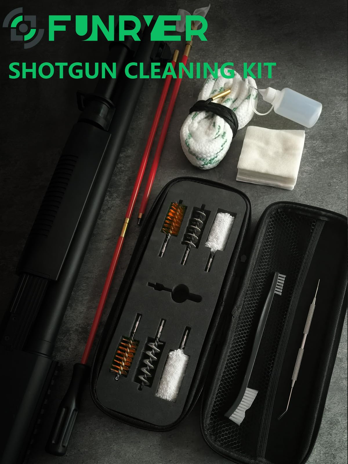Funryer Shotgun Cleaning Kit 12 Gauge Gun Cleaning Kit 12 GA for Shotguns with 12 Gauge Gun Snake, Gun Cleaning Brushes, Cotton Mops, Cleaning Pick, Cleaning Patches, Oil Bottle