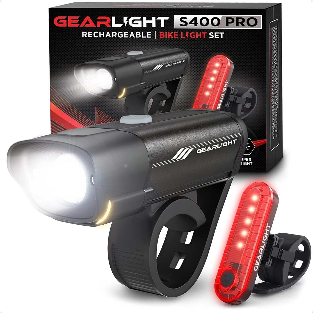 GearLight Rechargeable Bike Light, Bike Headlight and Tail Light Set, Powerful Front and Back Lights for Night Riding Safety, Night Riding Accessories, White Elephant Stocking Stuffer for Men