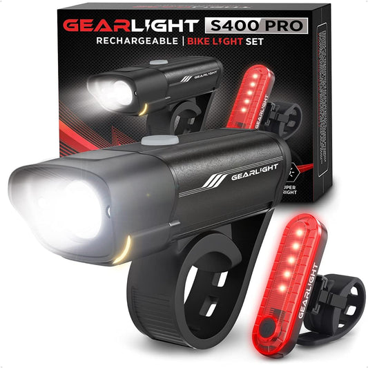 GearLight Rechargeable Bike Light, Bike Headlight and Tail Light Set, Powerful Front and Back Lights for Night Riding Safety, Night Riding Accessories, White Elephant Stocking Stuffer for Men
