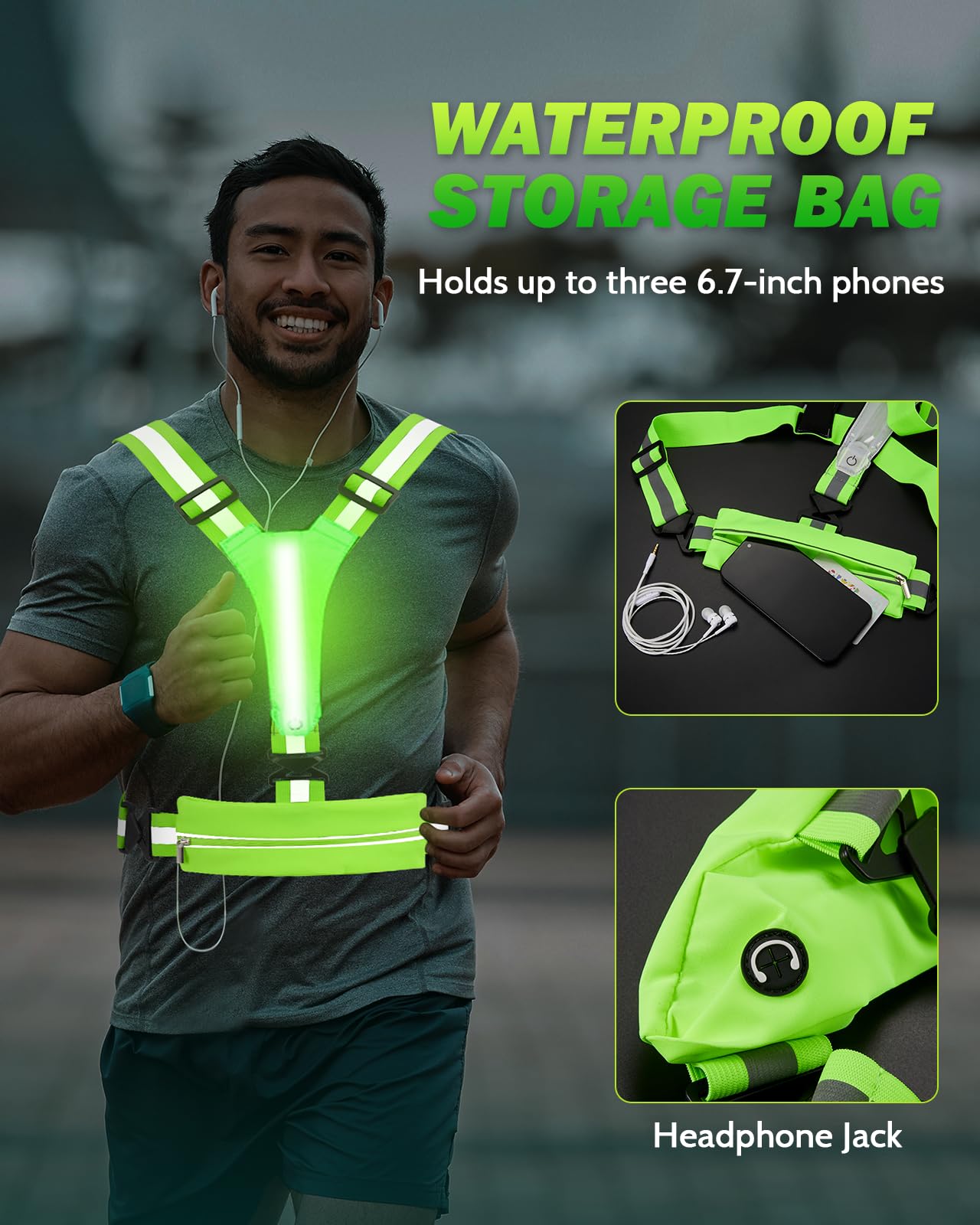 Fitense LED Reflective Running Vest with Phone Holder, 5 Colors Light Up Running Vest Rechargeable Running Lights for Runners High Visibility Reflective Running Gear, Adjustable for Men and Women