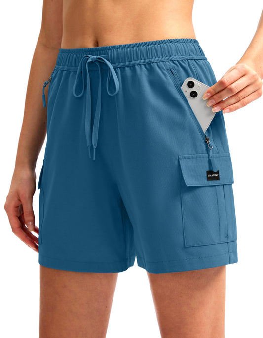 SANTINY Women's 5''/ 7''/9'' Hiking Cargo Shorts Quick Dry Lightweight Summer Shorts for Women Athletic Golf Zipper Pockets(Blue_M)