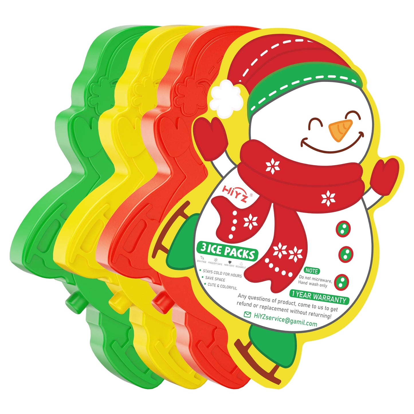 HiYZ Kids Ice Packs, Long-Lasting Ice Packs for Lunch Boxes, Slim & Reusable Icepacks Cooler Ideal for School, Parties, Travel, Multicolored (Snowman-3 Pack)