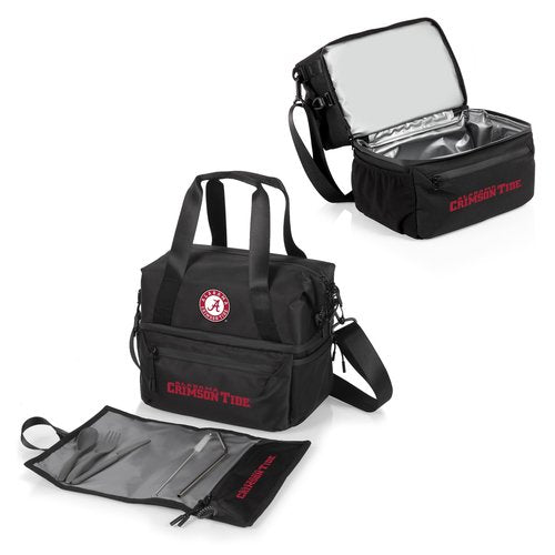 PICNIC TIME NCAA Alabama Crimson Tide Tarana Lunch Bag Cooler with Utensils made from Recycled Material, Lunch Box with Picnic Set, Upcycled Lunch Cooler Bag, (Carbon Black)