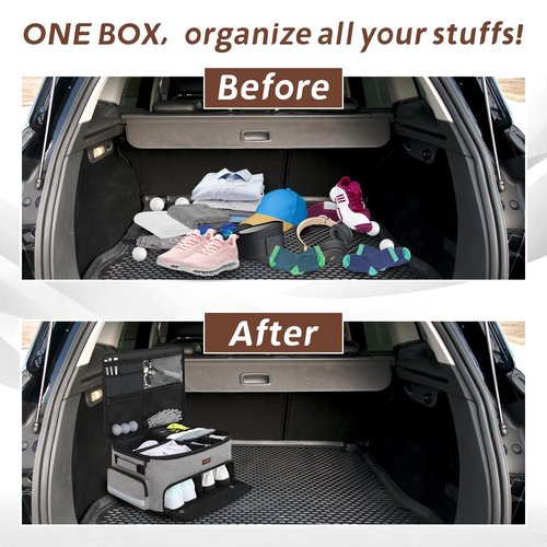 Skureay Golf Trunk Car Locker Organizer, Multi Compartments 2 Layer Car Storage Organizer With Separate Ventilated Shoe Compartment Reflective Strip, To Store Golf Accessories For Men Women (Grey)