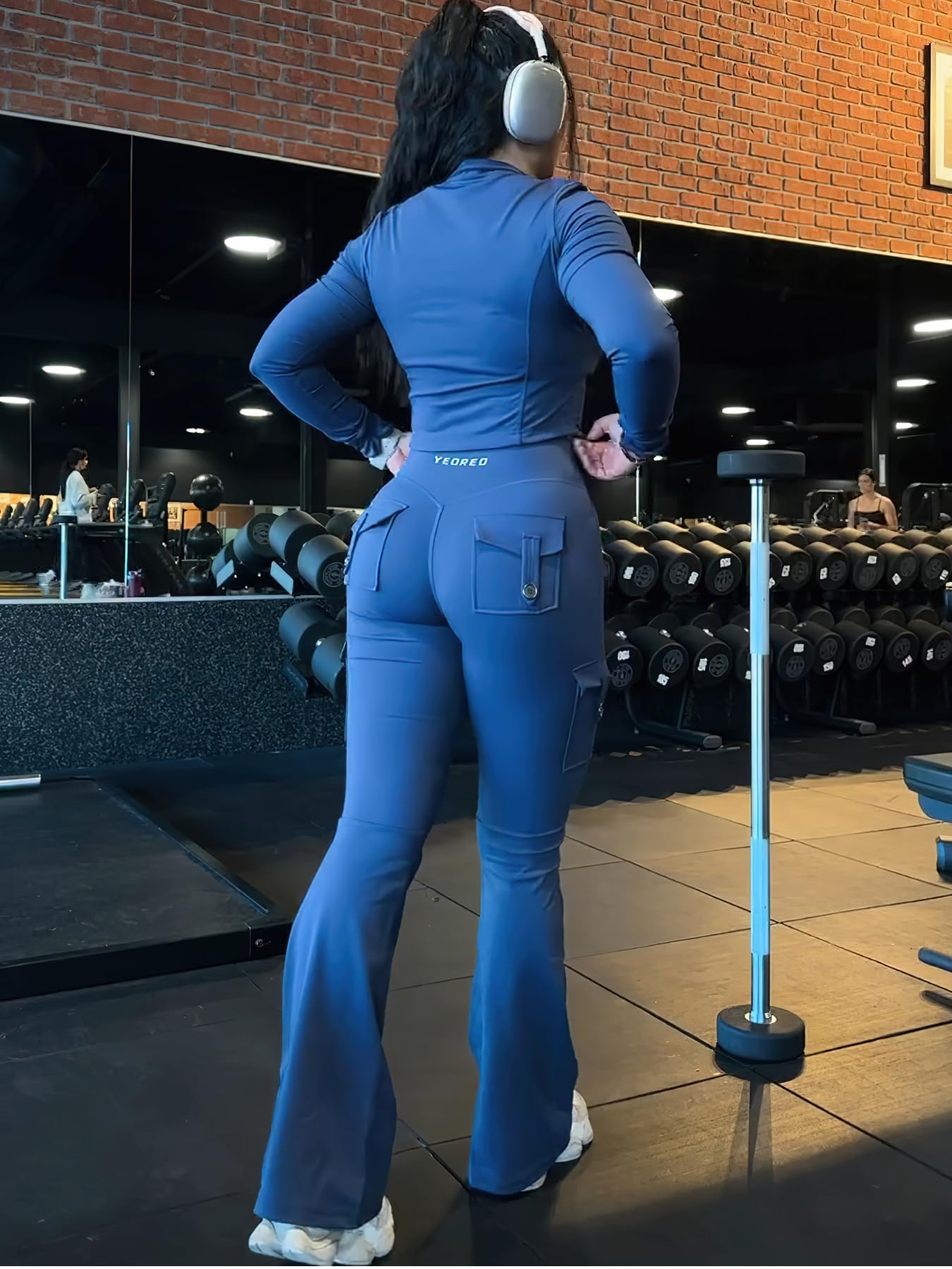 YEOREO CoreFlex Women Workout Flare Leggings with Pockets Hidden Scrunch High Waisted Cargo Gym Yoga Leggings Navy XL