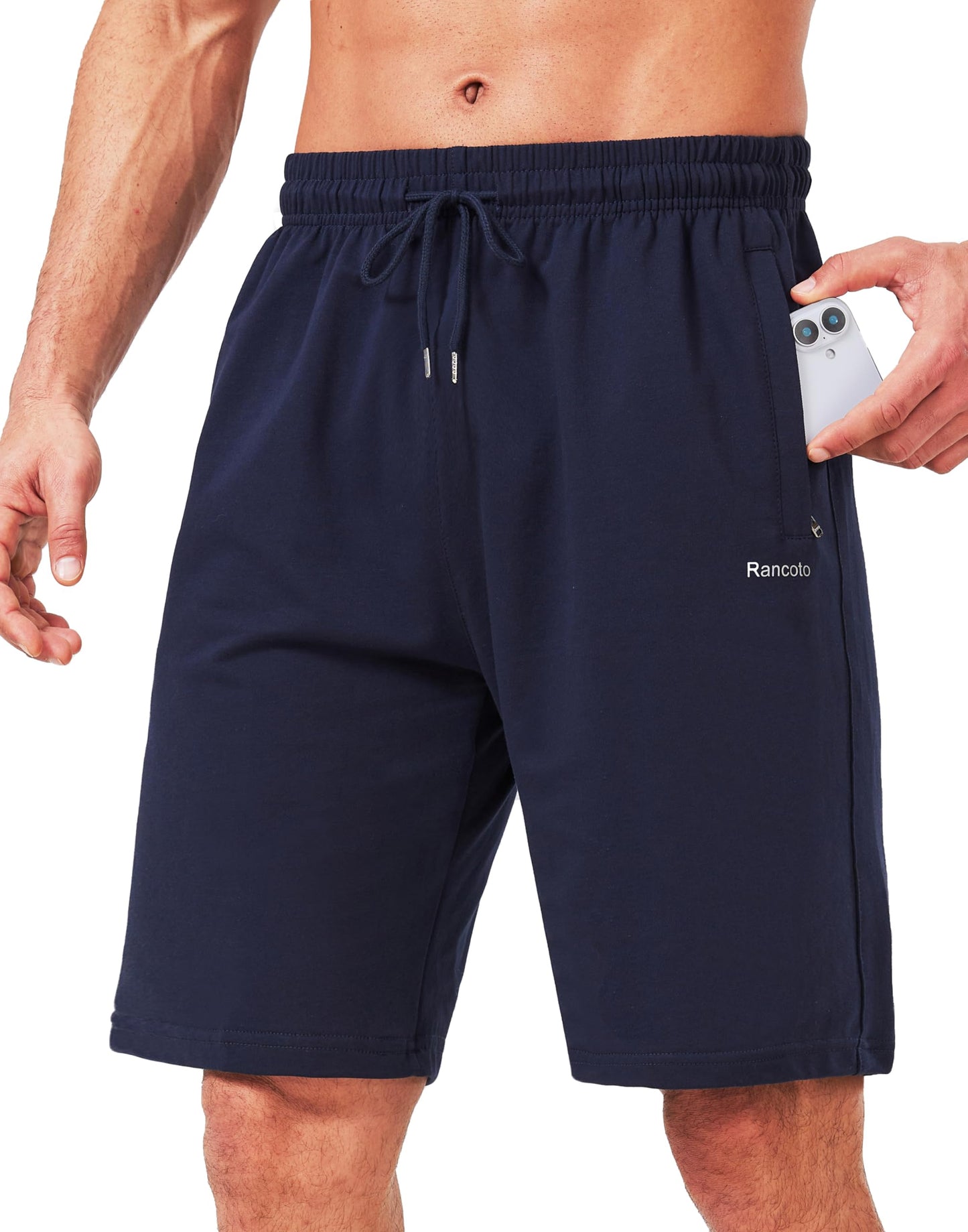 Rancoto Mens Cotton Shorts Sweat Athletic Shorts for Men, Lounge, Gym, Yoga, Workout with Zipper Pockets Navy L