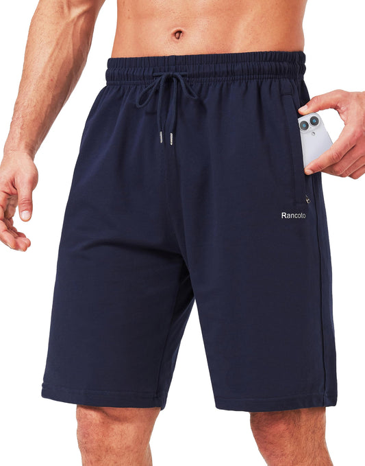 Rancoto Mens Cotton Shorts Sweat Athletic Shorts for Men, Lounge, Gym, Yoga, Workout with Zipper Pockets Navy L