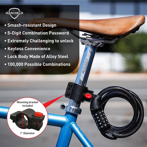 DaShield Bike Lock Cable 59 inches Long 5 Digit Resettable Combination Code for Bicycle and Scooter Cable Lock Anti Theft Cable Locks with Secure Mounting Bracket