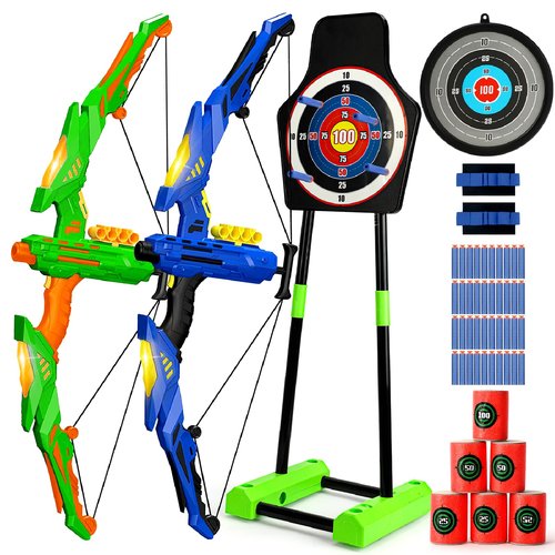 TOY Life 2 Pack Bow and Arrow for Kids 4 6 8 12 14 Years Old, Outside Outdoor Toys Games for Kids, Bow and Arrow Set with LED Lights, Archery Set with Movable Target and 40 Foam Darts