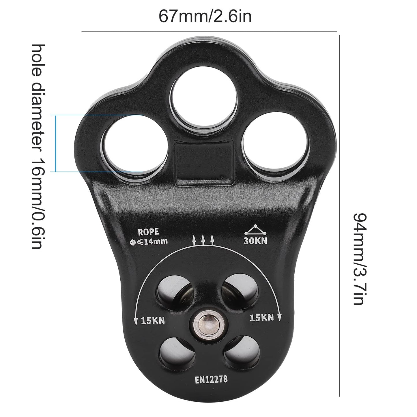 30KN Dual Bearing Hitch Climber Pulley, for Arborist Tree Climbing with 3 Holes Side Plate