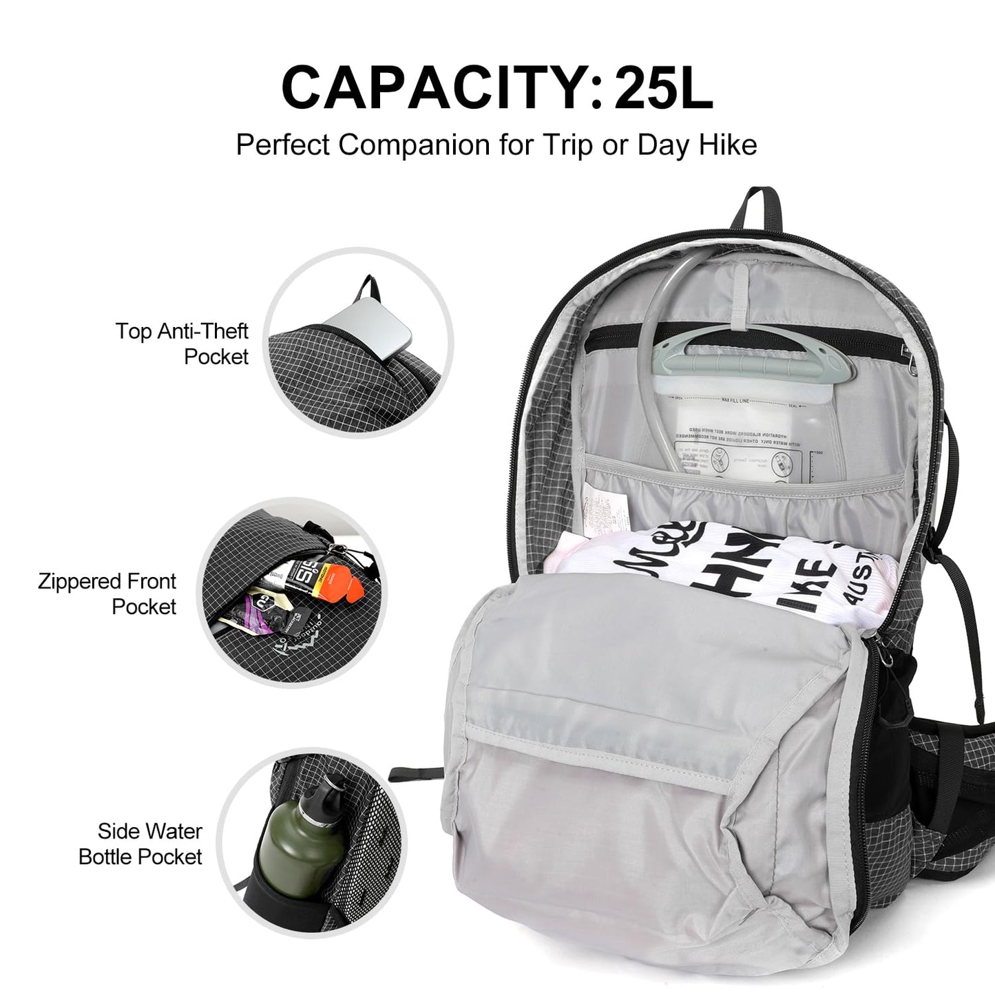 IX INOXTO Hydration Pack, 25L Hiking Backpack with 3L Water Bladder and Rain Cover, Lightweight Hydration Pack for Hiking, Cycling, Climbing, Camping (Black)