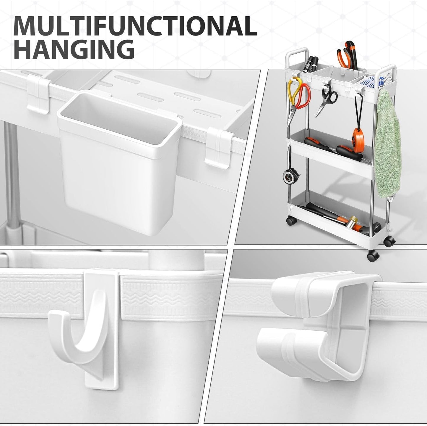 DNA MOTORING 3 Tier Slim Rolling Storage Cart, Plastic Utility Cart Organizer, Mobile Shelving Unit Utility Cart for Garage, Warehouse, Kitchen, Bathroom, Narrow Space, w/Wheel, White, TOOLS-00797-WH