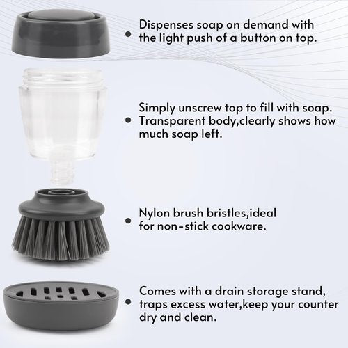 Palm Dish Brush with Soap Draining Tray Dispenser Kitchen Scrub Brush for Kitchen Dishes Pots Pans Sink Cleaning