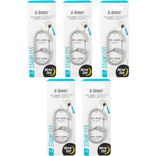 Nite IZE G-Series Dual Chamber Carabiner - Heavy-Duty Key Organizer Carabiner Clip - Dual Chamber Carabiner with Wire Gate Closure - Stainless, Size 3 (5 Pack)