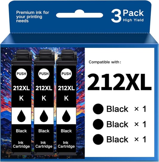 212 XL High Yield Remanufactured for Epson 212 Black Ink 212XL T212 T212XL Ink Cartridges for Epson XP-4100 XP-4105 WF-2850 WF-2830 Ink Cartridges (3 Black Pack)