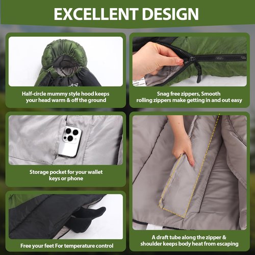 ETGLCOZY Sleeping Bag for Adults Cold Weather & Warm, Lightweight Backpacking Camping Hiking Essentials Gear for Kids 10-12 Girls Boys Compact w/Compression Sack 30-50F Degree, Green/Gray