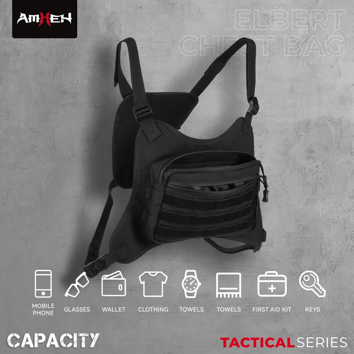 AMHEH Outdoor Tactical Chest Bag for Men Sports Rig Vest with Magazine Pouch Phone Holder Adjustable EDC Travel Pack for Running Hiking (Black)
