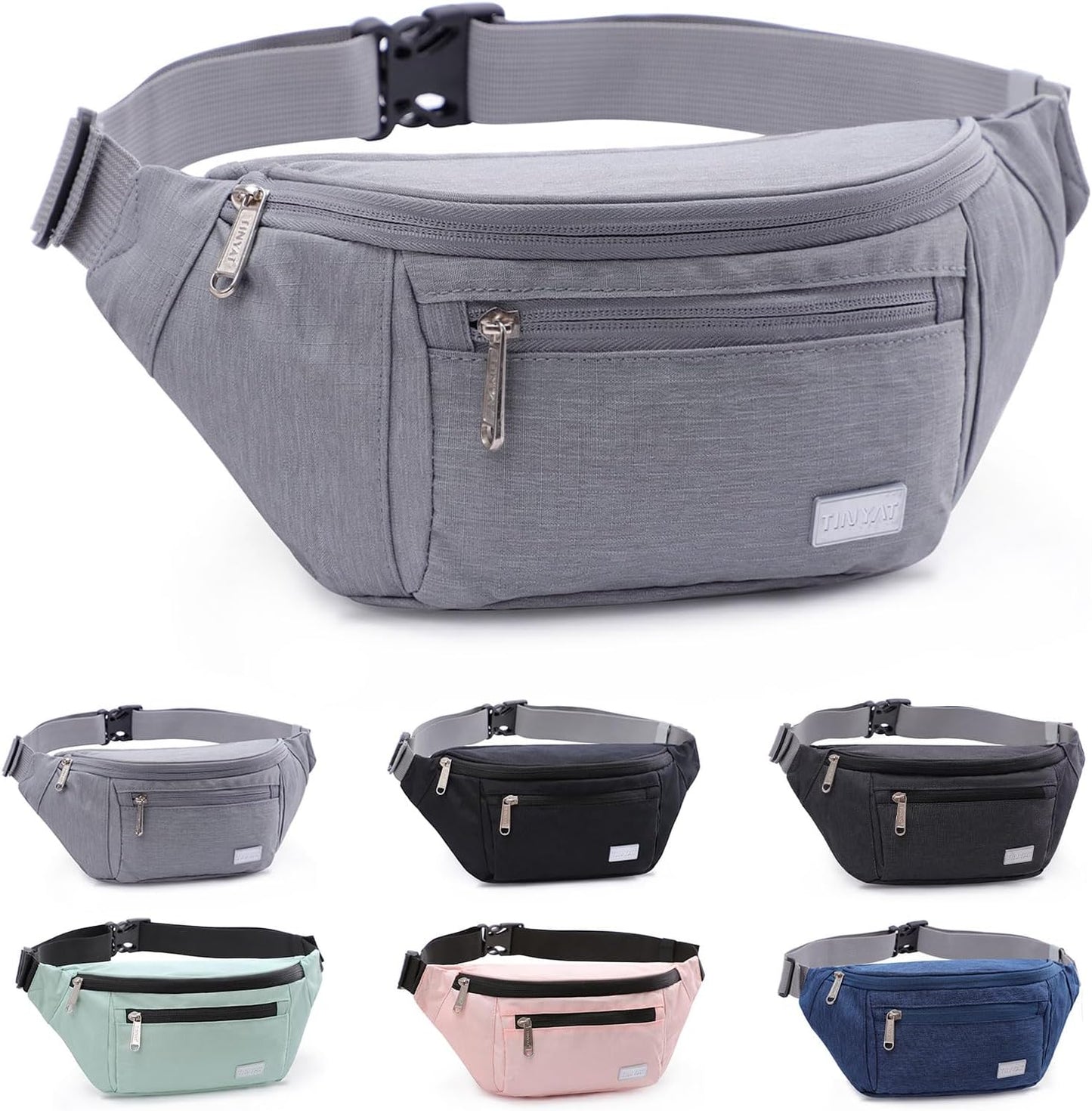 TINYAT Large Fanny Pack Travel Waist Bag Lightweight for Men&Women with Adjustable Strap T206 Blue