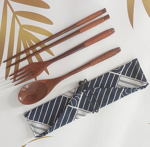 Wooden Cutlery Set Chopsticks Spoon Fork with Tied Line, Bamboo Outdoor Camping Travel Utensils Reusable Tableware Spoon for Eating with Cloth Bag (4 Pack)