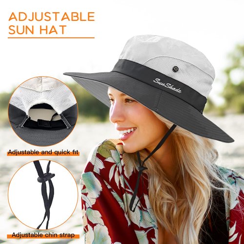 Sun Hats for Women Beach Hat Ponytail Hat Womens Sun Hat with UV Protection Wide Brim Light Grey