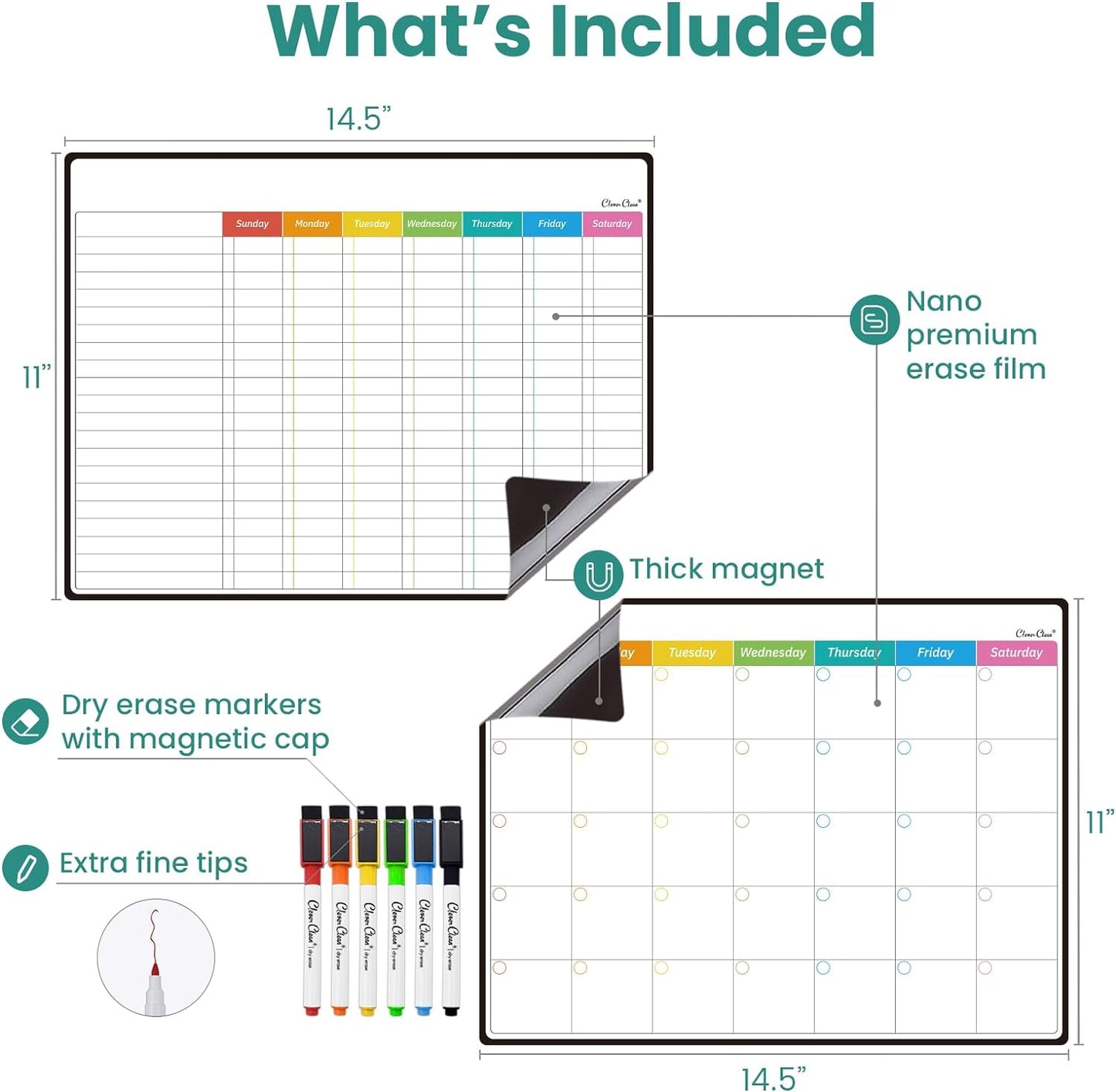 Magnetic Dry Erase Chore Chart - 14.5"x11" Chore Chart for Kids, Teens and Adults - 6.5"x8.5" List Board for Fridge - 6 Extra Fine Point Markers Included - Shipped Flat