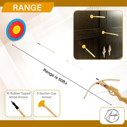 Handmade Wooden Crossbow - Archery Set with 10 Rubber-Tipped Bamboo Wood Arrows, 10 Suction Cup Arrows - Birthday Party Games, Gifts