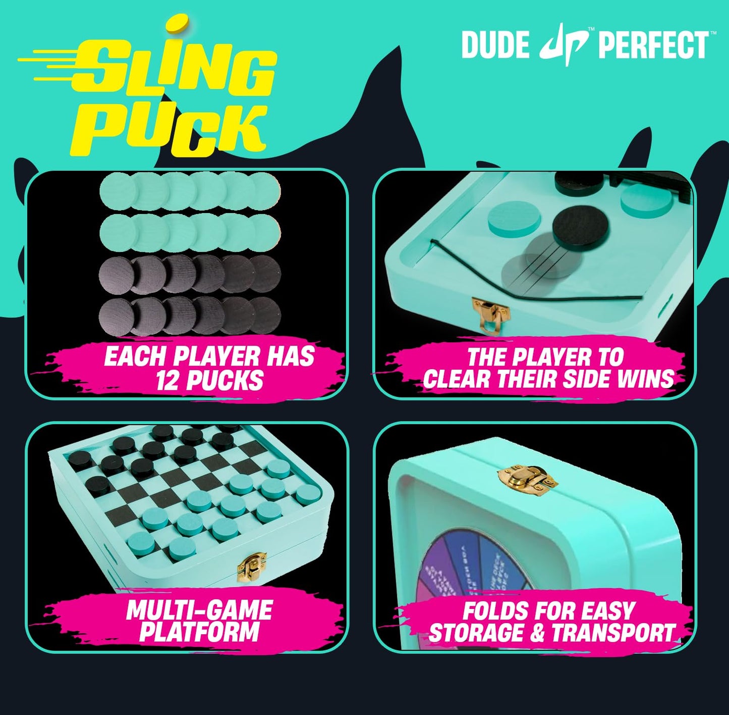 Dude Perfect Sling Puck & Checkers Game Set: Fast-Paced Action for Kids and Adults, Perfect for Family Game Nights, Parties, and Gifts, Ages 4+