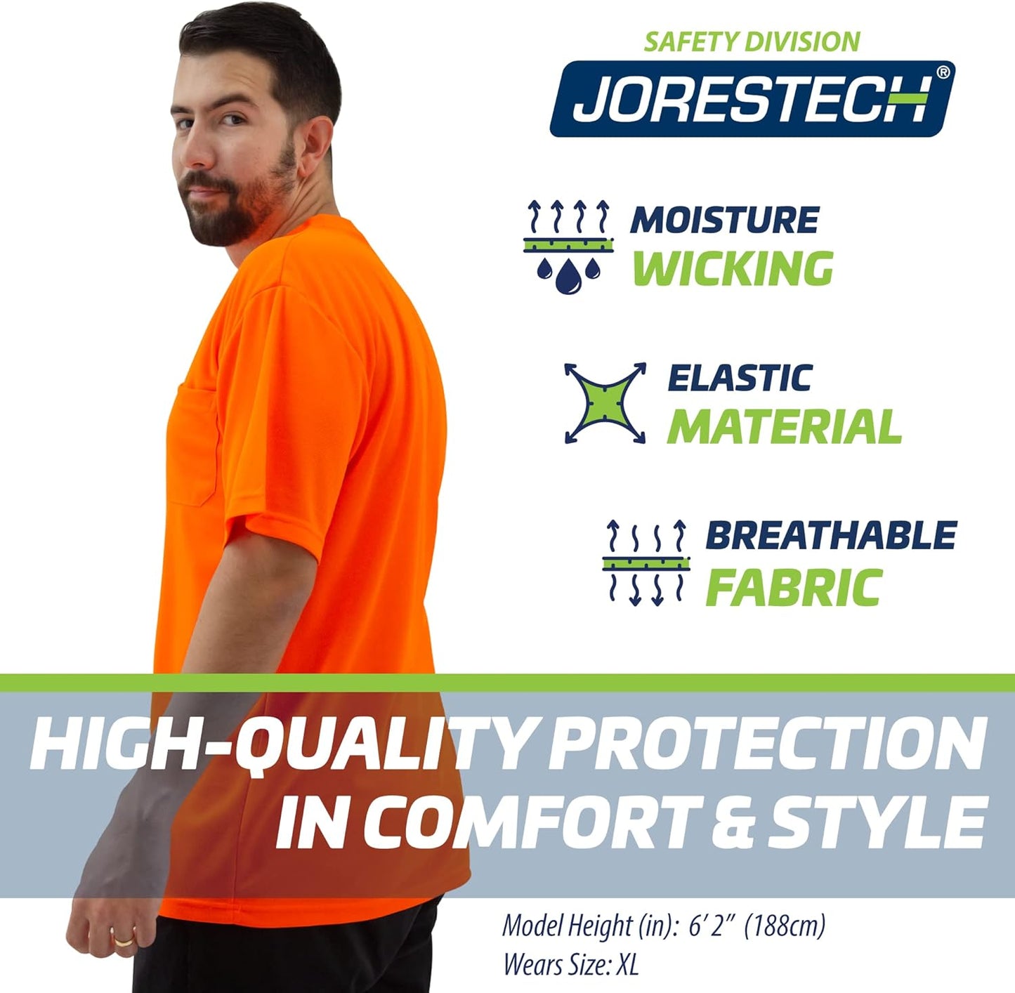 JORESTECH Safety High Visibility Orange or Yellow Short Sleeve Work T Shirt with Chest Pocket, Moisture Wicking Fabric