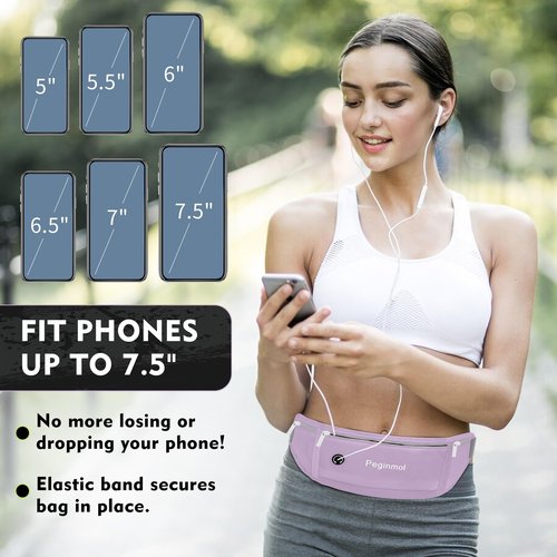 Peginmol Slim Running Belt Fanny Pack, Waist Pack Bag for Women Men, Running Pouch for Phone Waterproof Reflective with 3 Pouches, Running Phone Holder for Sports, Traveling (Purple)