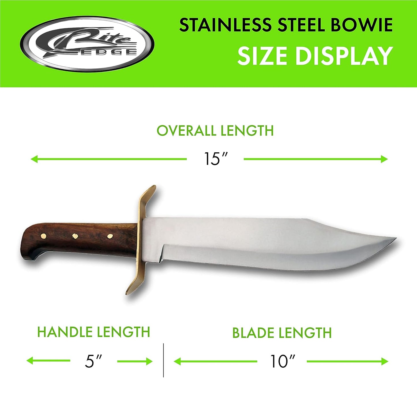 SZCO Supplies 15” Full Tang Bowie Knife with Sheath - Fixed Blade Hunting Knife for Men with Stainless Steel Blade, Wood Handle, Brass Guard, and Sheath - Hunting Knives for Men
