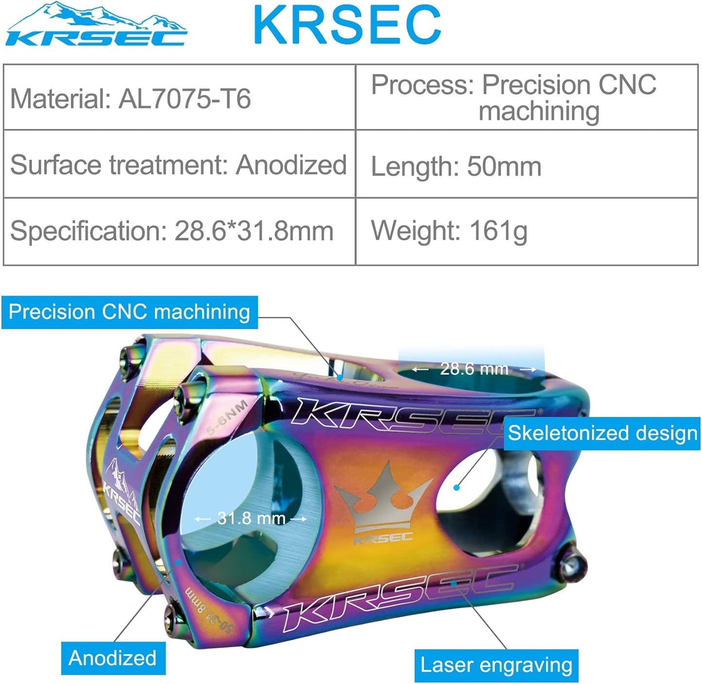 31.8 Stem 50mm Bike Stem Mountain Bike Stems Short Handlebar MTB Stem Aluminum Alloy for Most Bicycle,Road Bike,BMX,DH,FR,Fixie Gear Cycling Accessories