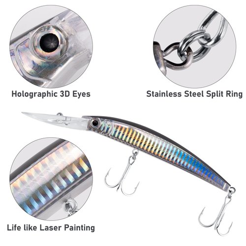 Dr.Fish 3 Pack Minnow Jerkbait 7" 13ft Deep Diving Saltwater Hard Lures, Fishing Trolling Lures Freshwater Fishing Plugs Mackerel Bluefish Bass Trout Walleye Sardine/Firetiger/Green Black