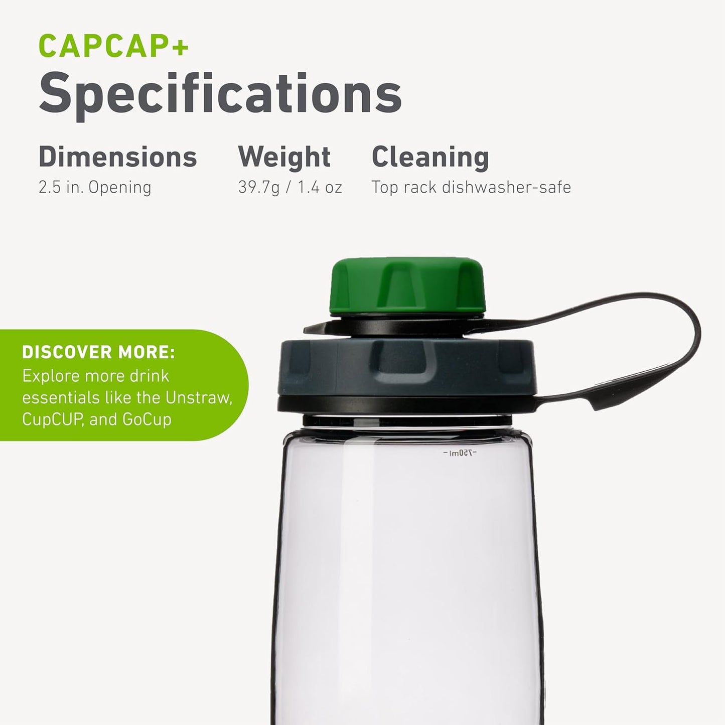 humangear capCAP+ | Converts Wide-Mouth Openings | Secure Easy Open | Food-Safe Material | Water Bottle Accessory Lid
