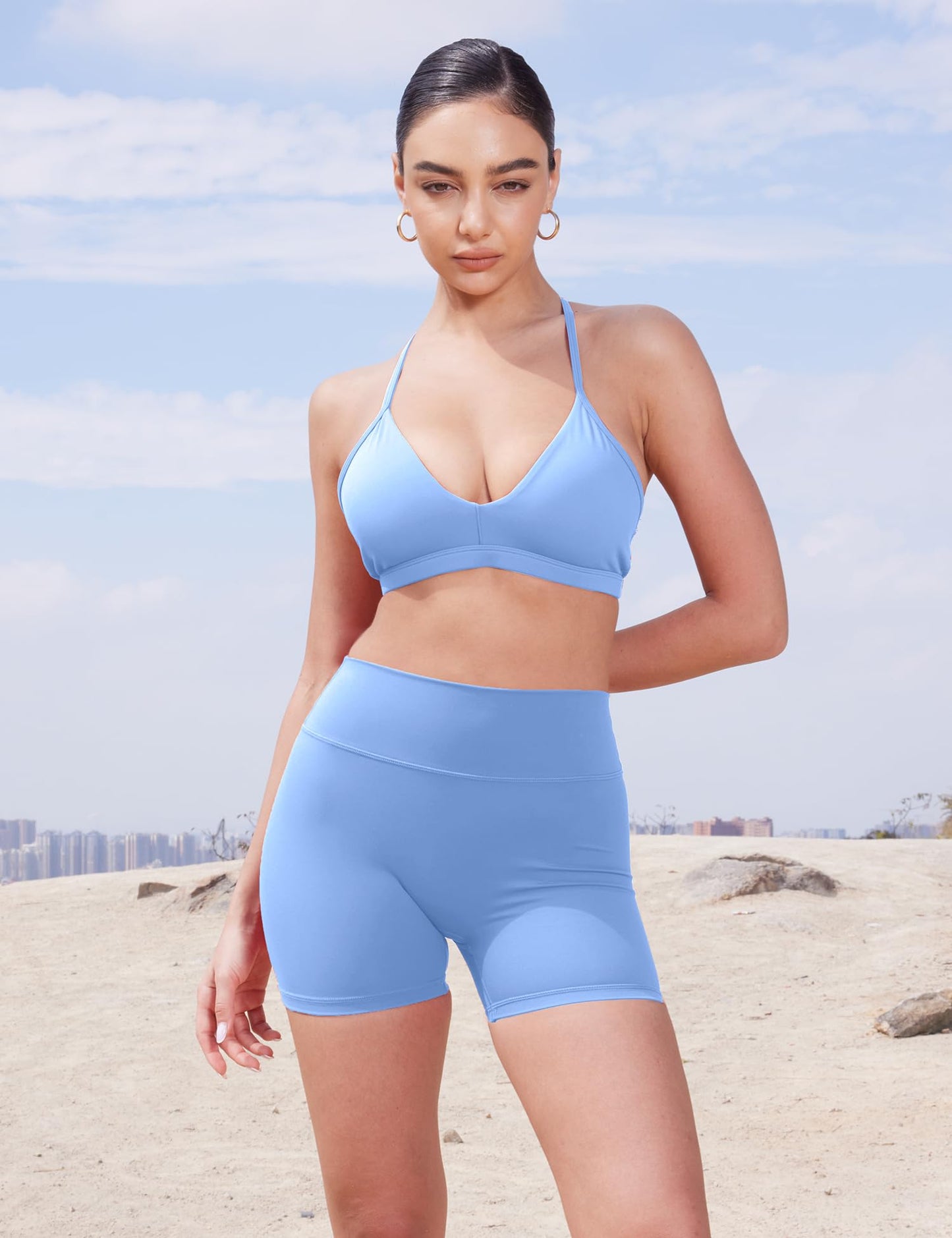 YEOREO Women's Biker Shorts 4.5" / 6" Workout Gym Shorts Craze High Waist Tummy Control Hidden Scrunch Running Yoga Shorts Light Blue